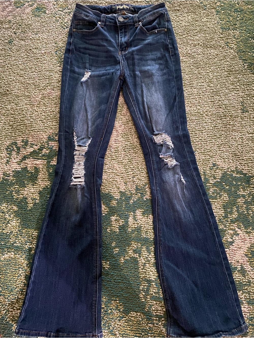 Indigo Rein Dark Blue Distressed Flare Jeans